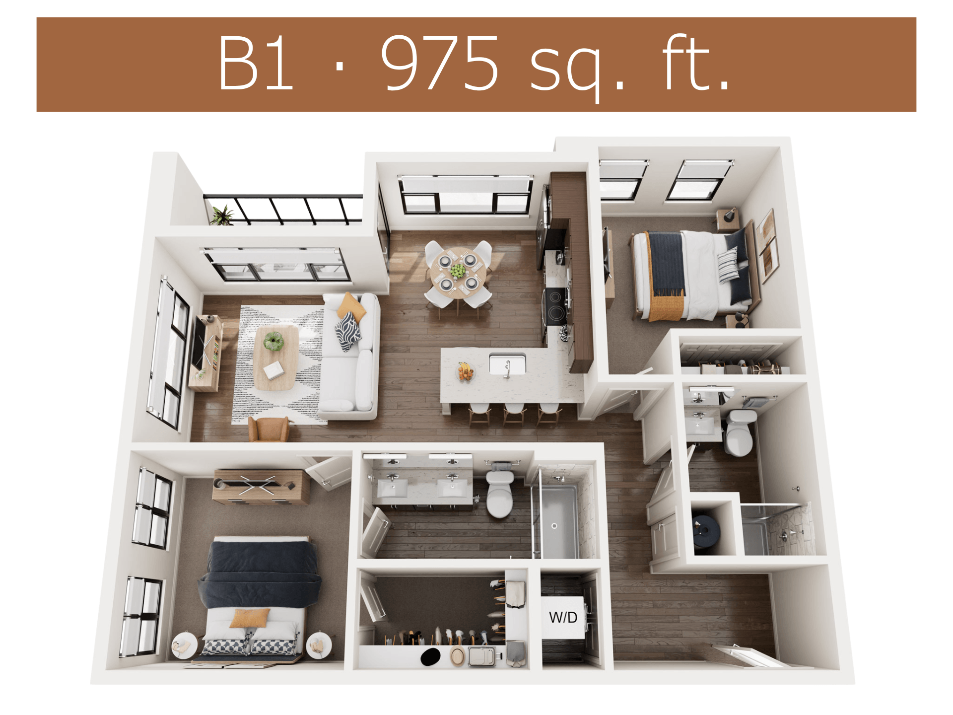 Floor plan for 2 beds, 2 baths, 975 sqft